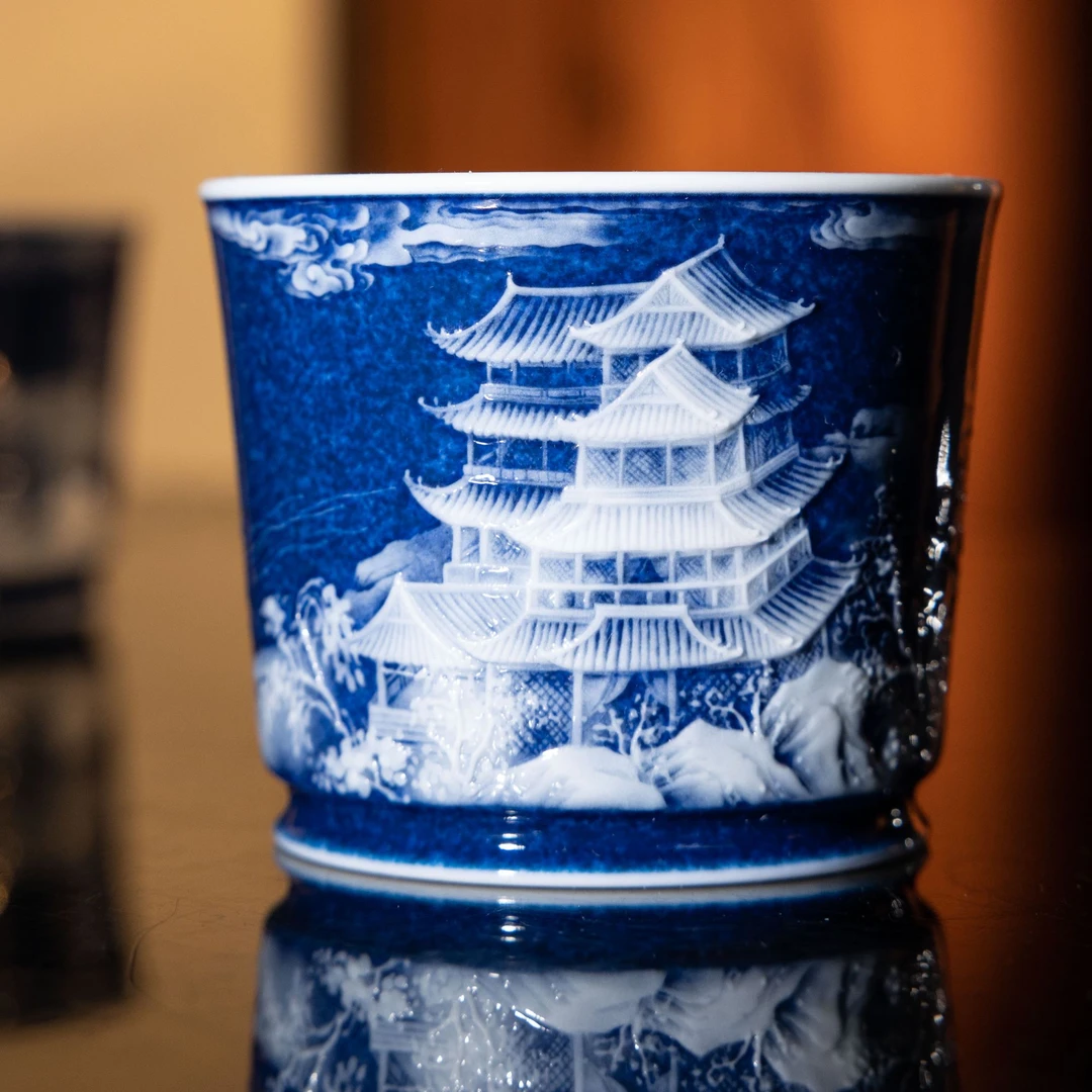 【墨舍名窑】初蓝舍滕王阁直口杯（cls891）