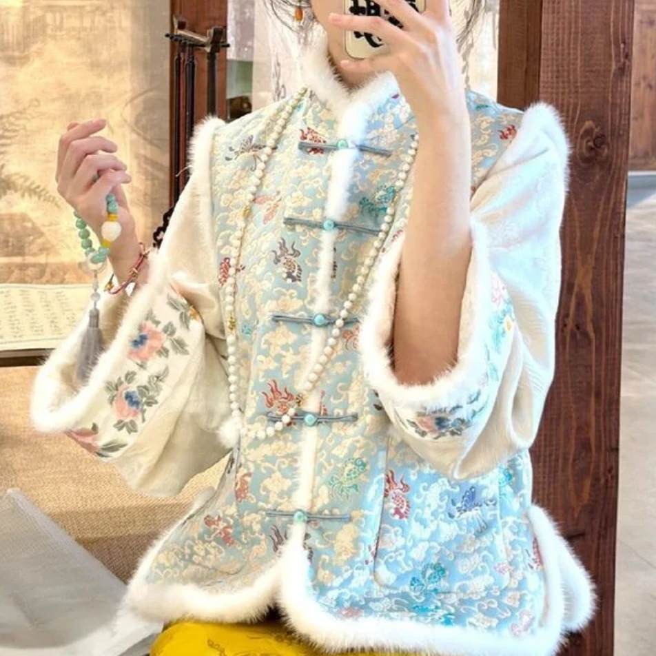 丝年.金鱼闹彩蝶｜新款新中式国风重磅上衣加厚水貂马甲-5117