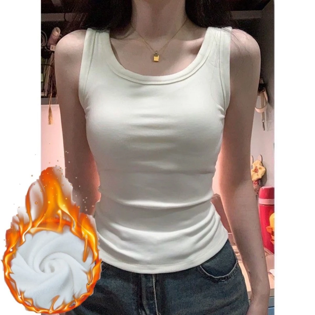 秋冬辣妹加绒加厚保暖纯欲吊带背心内搭多巴胺白色修身打底上衣