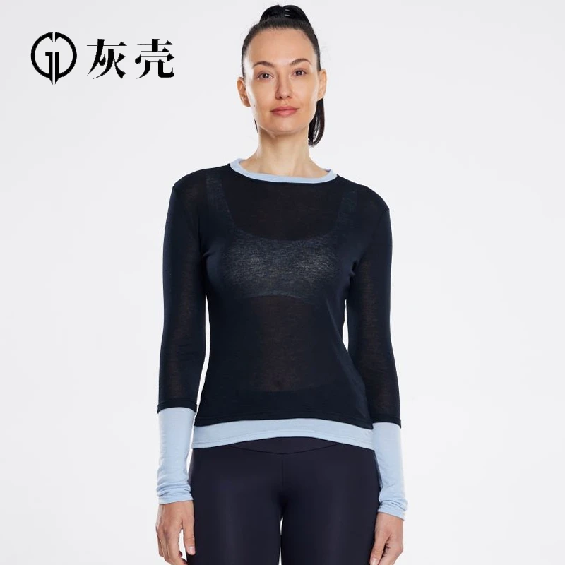 女春秋美利奴羊毛速干T恤保暖透气圆领长袖打底徒步冬户外休闲衣