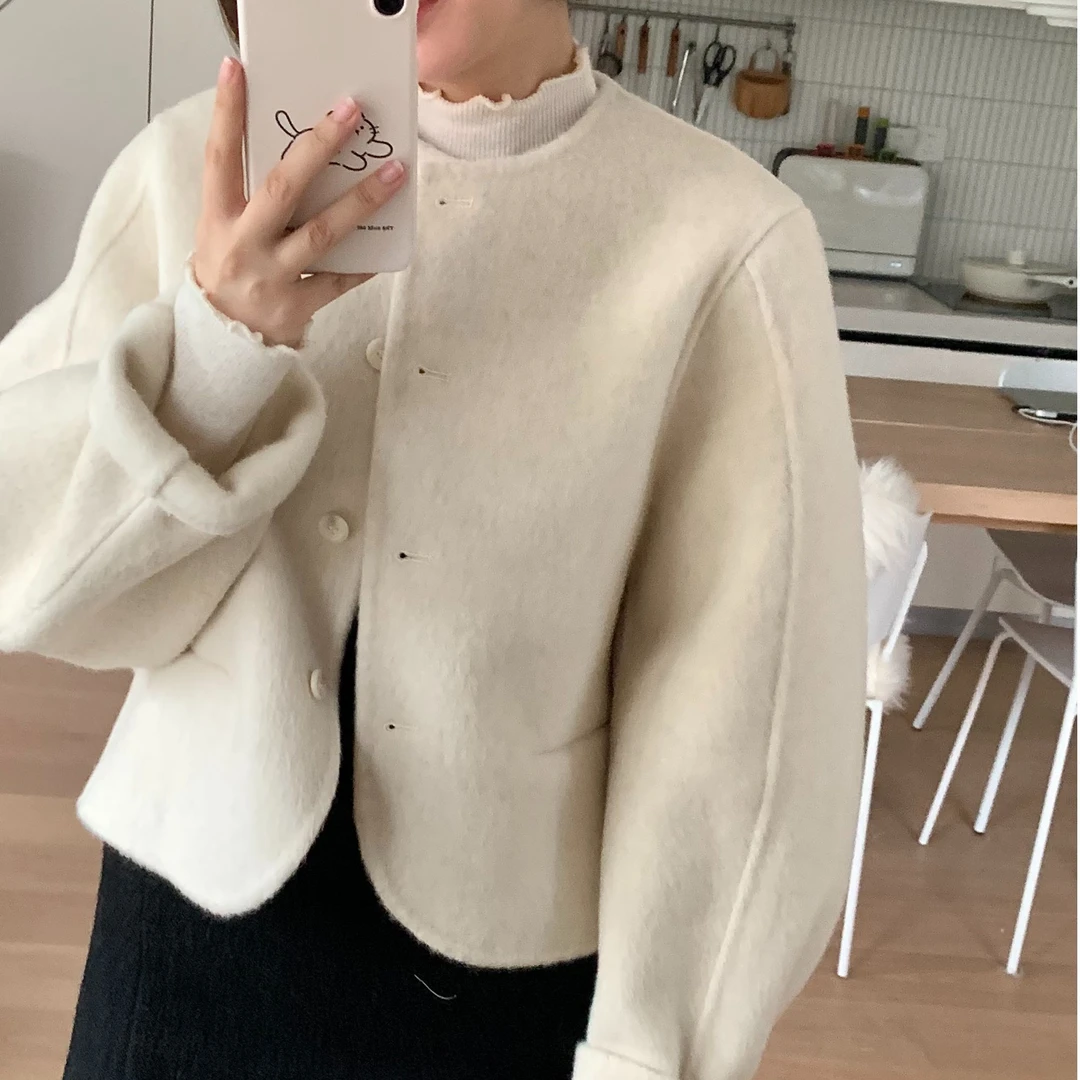 七七【爱之初】2024冬季新款圆领短款双面羊毛大衣外套韩系百搭
