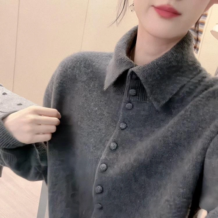 【ZW】小众设计感翻领毛衣开衫外套女秋冬新款气质简约休闲针织上衣