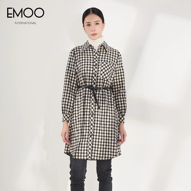 秋季长袖连衣裙格子衬衫领女装连衣裙格纹中长款翻领E42L033477