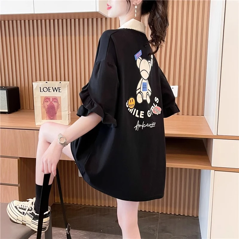 设计感荷叶边短袖t恤女纯棉2025新款夏季网红洋气宽松中长款上衣