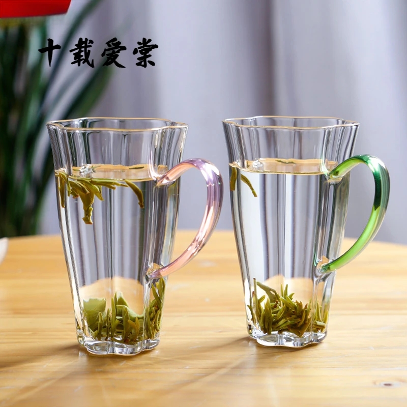 十载爱棠玻璃个人绿茶杯手工带把手透明泡茶杯子家用水杯子耐高温