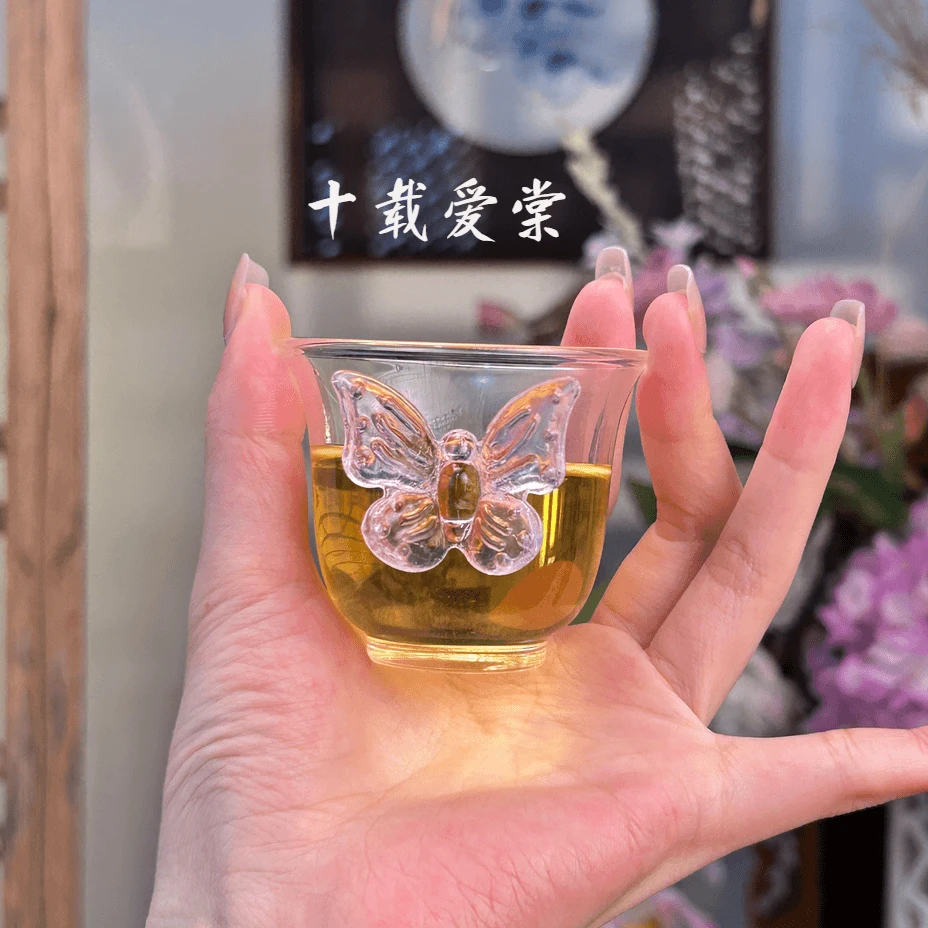 十载爱棠 花香蝴蝶高硼硅品茗杯透明喝茶杯主人杯品茗杯茶杯玻璃