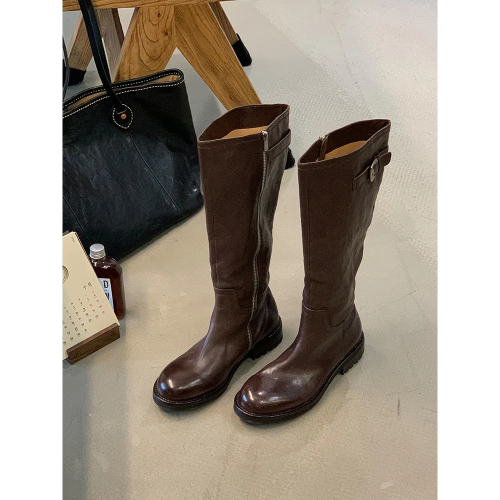 吕小布 | 水洗皮马丁靴秋冬显瘦侧拉链真皮中筒靴女0362