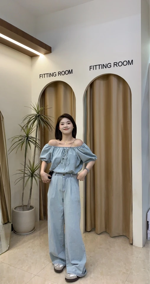 EE【特清 no退货】  浅牛仔泡泡袖阔腿裤套装