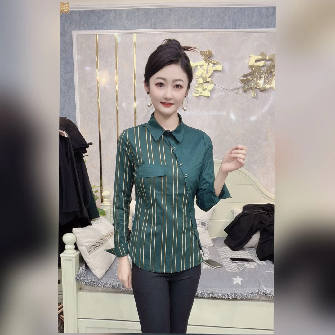 (6930)雪颖家2024年秋季新款双拼气质简约百搭通勤风斜襟女衬衫