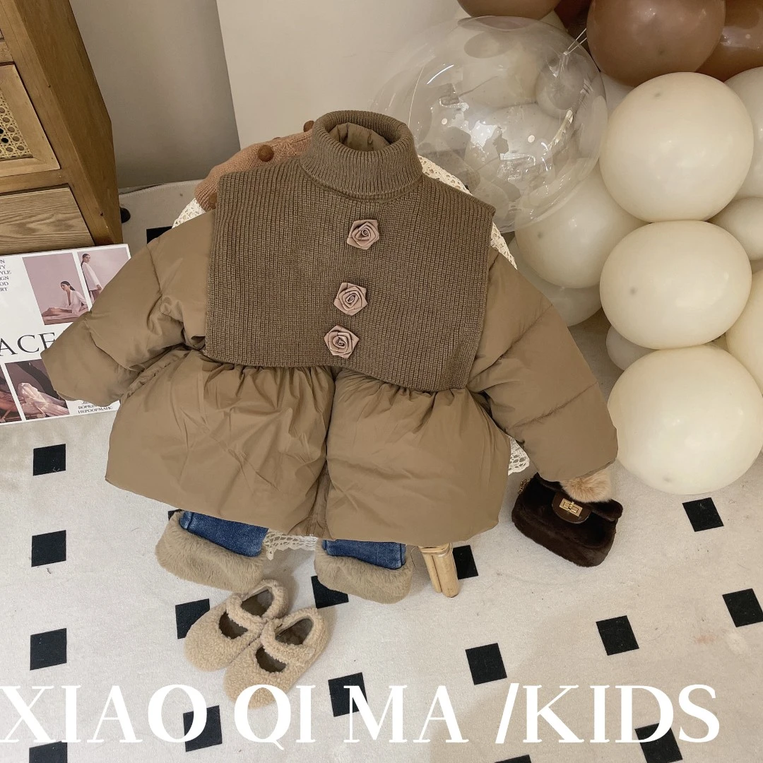 【七小七】2910女童冬装新款披肩花朵加绒加厚棉服外套