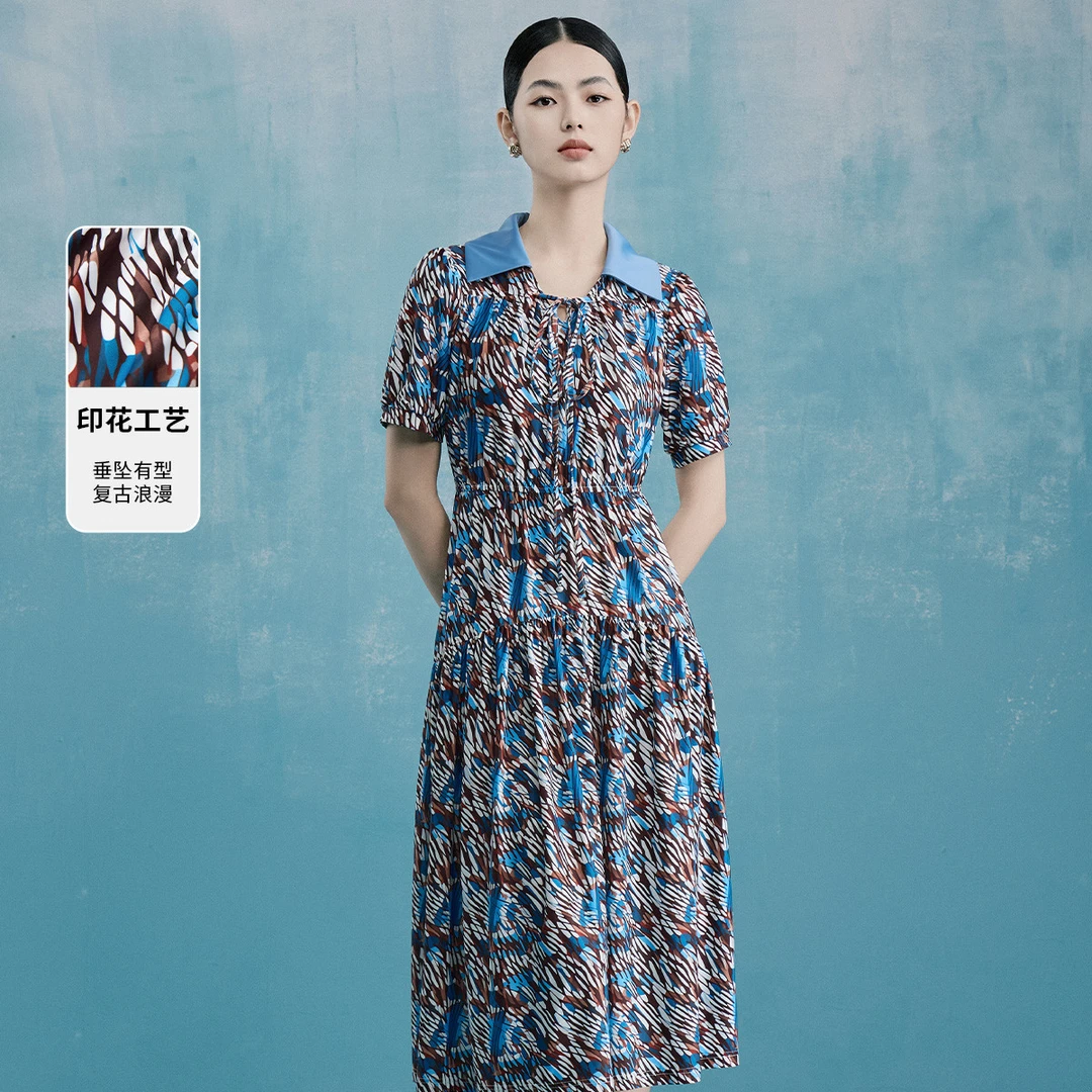 【福利专属】优雅度假翻领褶皱松紧腰浪漫印花长款连衣裙VDS535DRX0