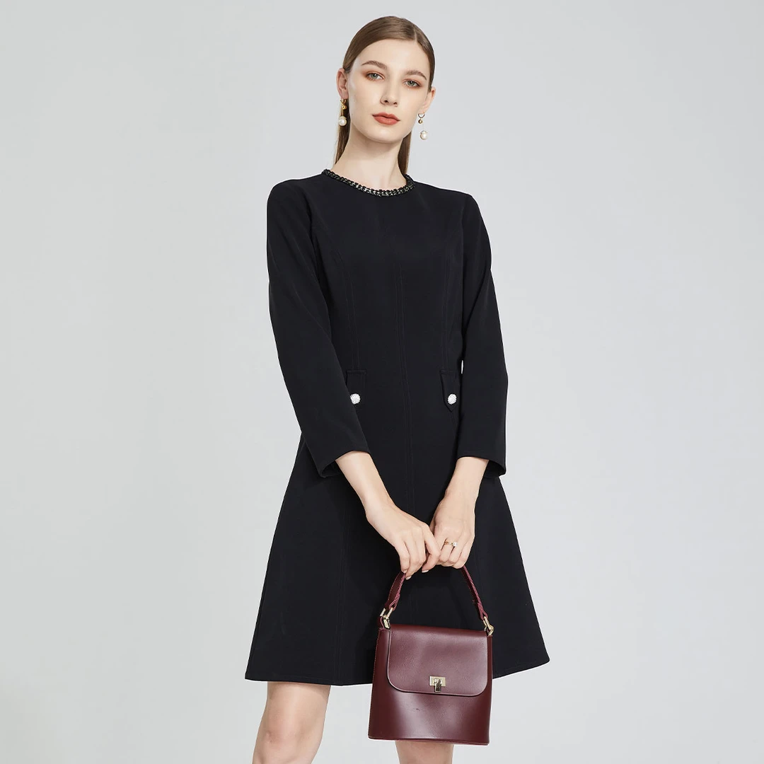 【福利专属】马天奴通勤舒适春秋优雅时尚钉珠长袖连衣裙HCA134DR0