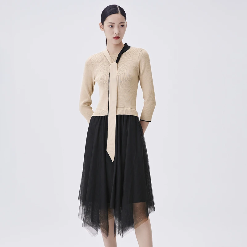 【马天奴】拼色撞色连衣裙修身系带长裙时尚女装连衣裙VTA923DRX0