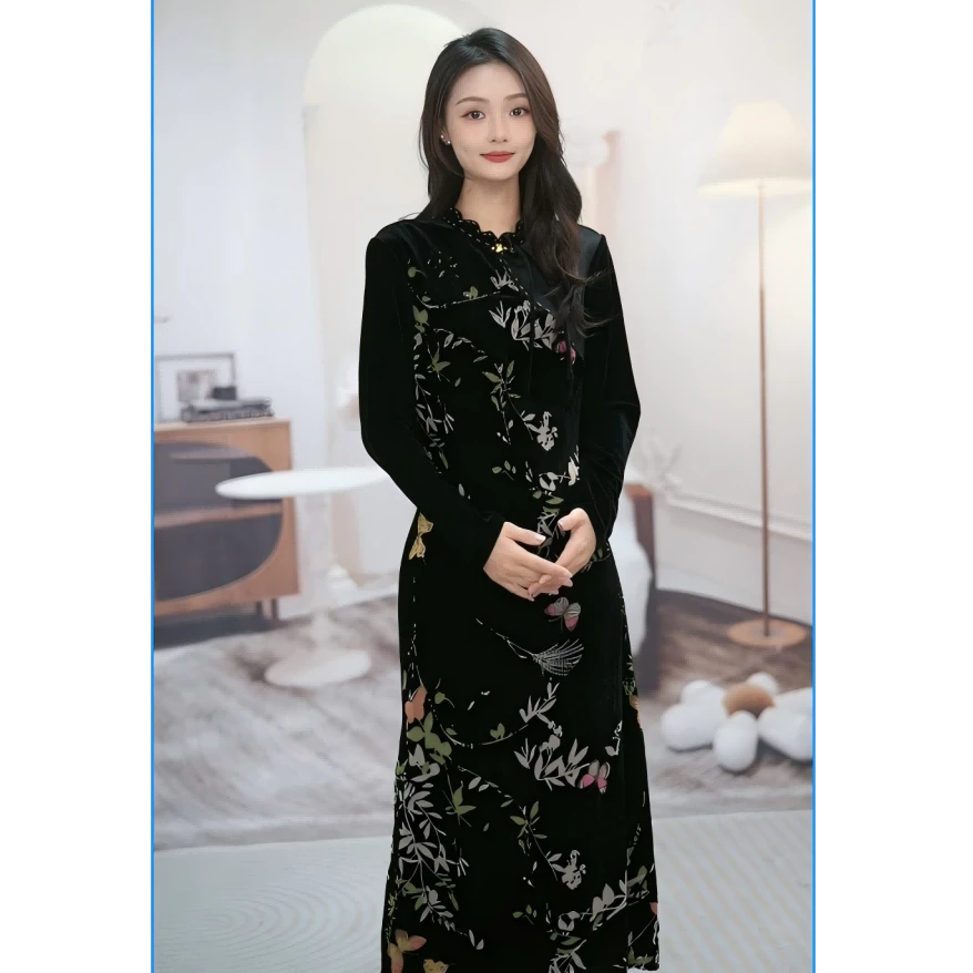 MY TENO/马天奴VDAA75显瘦女装连衣裙气质复古印花秋冬提花