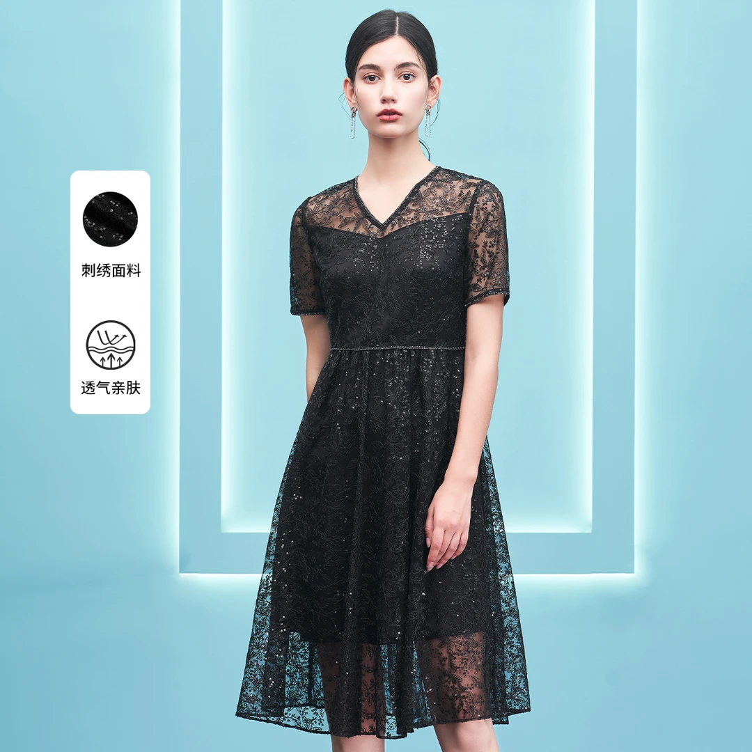 【福利专属】马天奴女装连衣裙蕾丝显瘦透气黑色VRS589DRX0