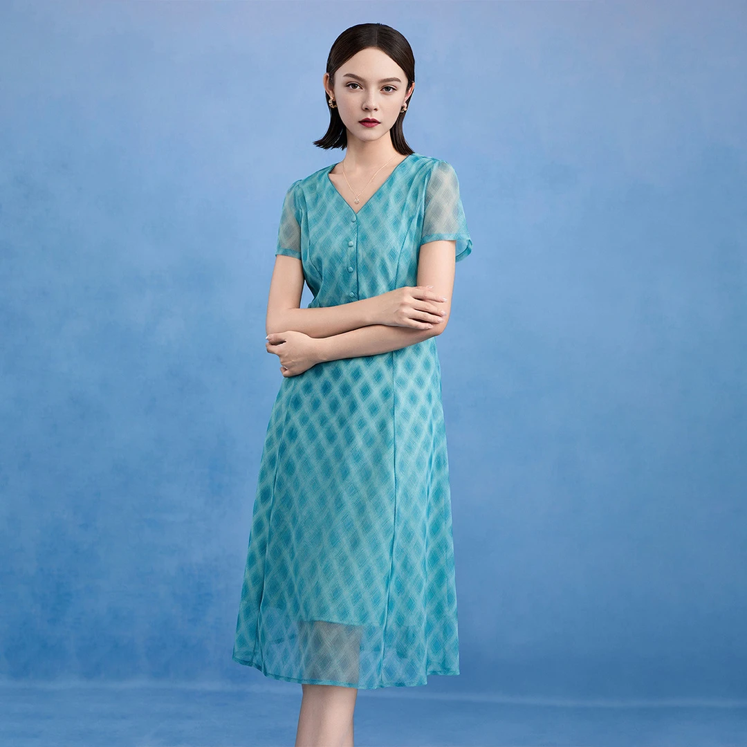 【福利专属】时尚休闲轻奢网纱V领修身渐变女装连衣裙VDS794DRX0