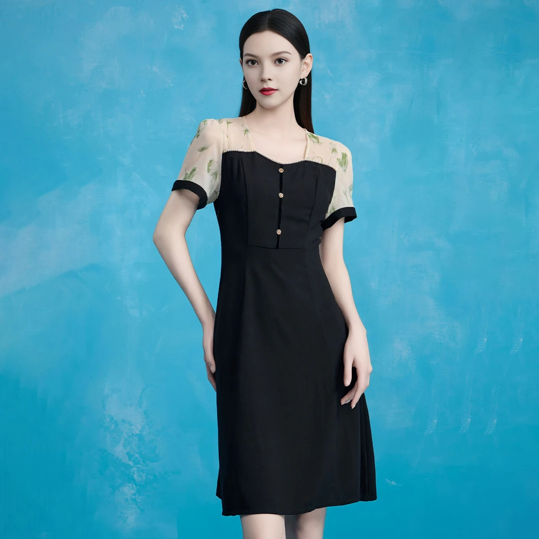 【马天奴】显瘦气质时尚夏季修身优雅方领连衣裙VDS994