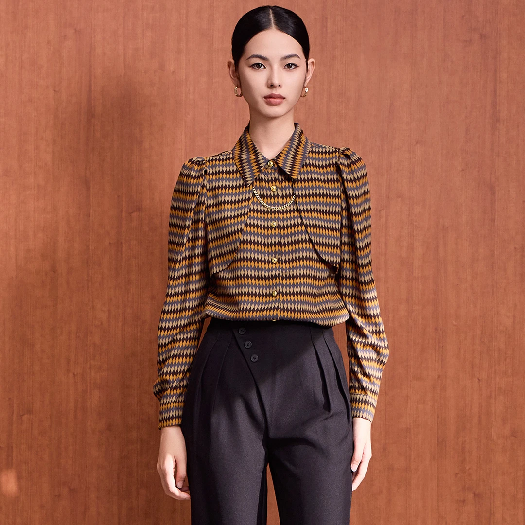 翻领衬衣长袖时尚打底千鸟格衬衫