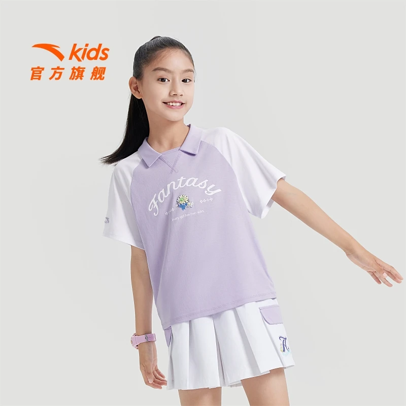 安踏儿童女大童短袖POLO衫夏季新款翻领棉学院风短T362438101