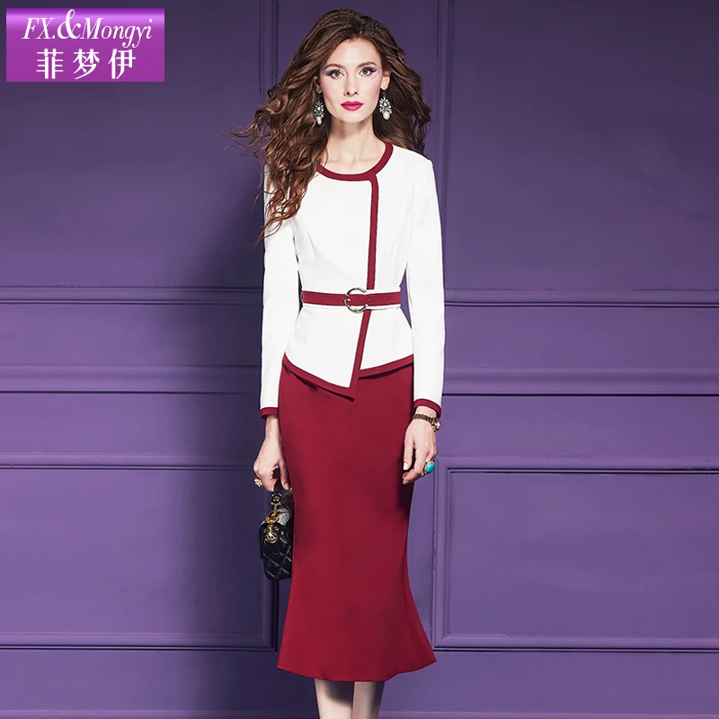 菲梦伊高定设计撞色拼接秋冬新款气质优雅时尚套装61663新