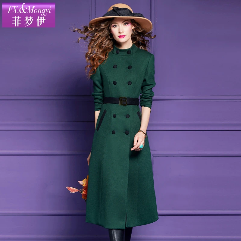 菲梦伊新款绵羊毛外套气质立领双排扣中长款大衣61215