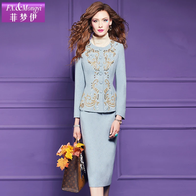 菲梦伊绵羊毛高定钉珠设计秋冬新款复古圆领时尚长袖套装59890
