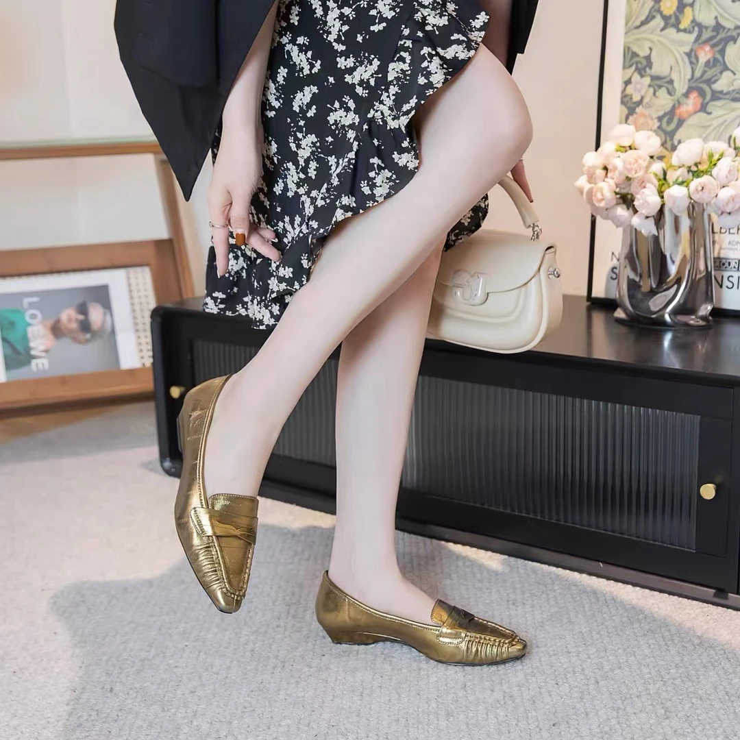 C1270  古铜色 新款时尚方头舒适低跟浅口女士乐福鞋