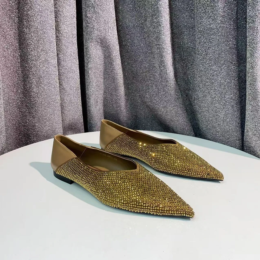 C575 古铜金  高端时尚尖头舒适低跟平底水钻浅口单鞋