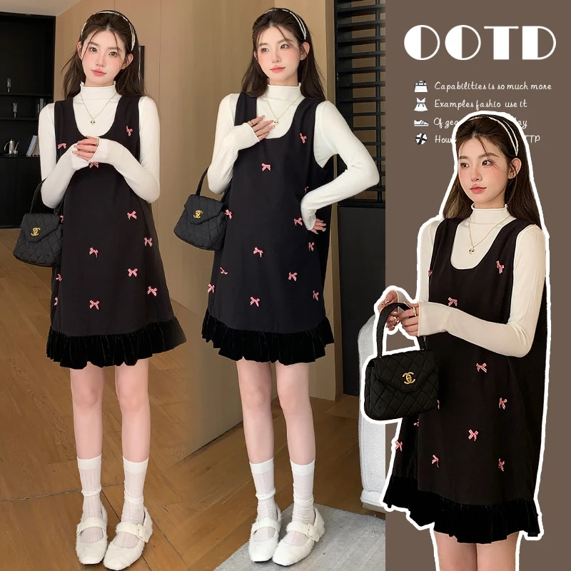 孕妇装秋冬装2024新款套装时尚针织打底衫蝴蝶结毛呢背心裙两件套