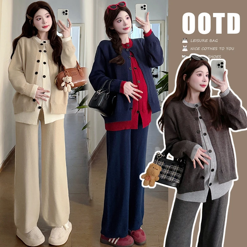 孕妇套装秋冬款慵懒风撞色拼接假两件毛衣阔腿裤两件套冬季外穿