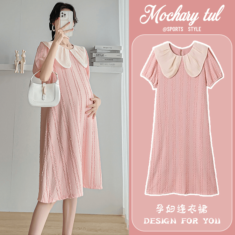 孕妇夏装连衣裙2024新款大码宽松娃娃领减龄时尚孕妈妈夏季裙子女