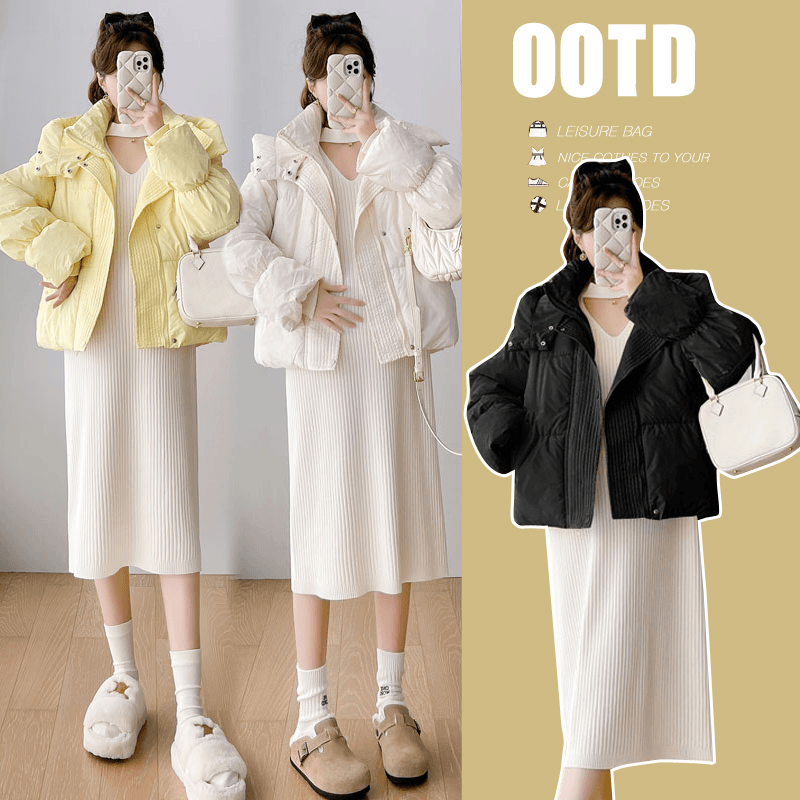 孕妇冬装新款白鸭绒连帽羽绒服女爆款宽松加厚长款毛衣裙两件套装