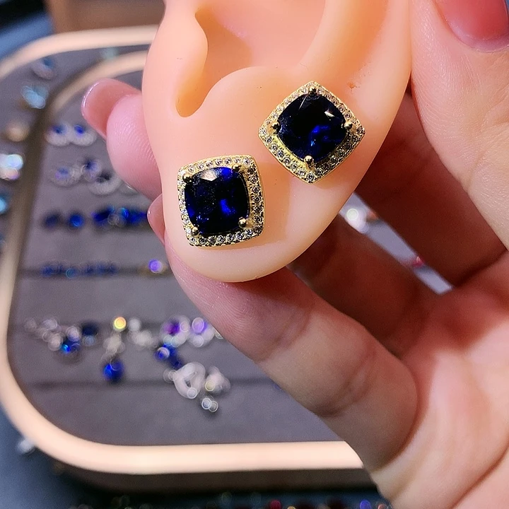 蓝宝石耳饰银S925镶嵌