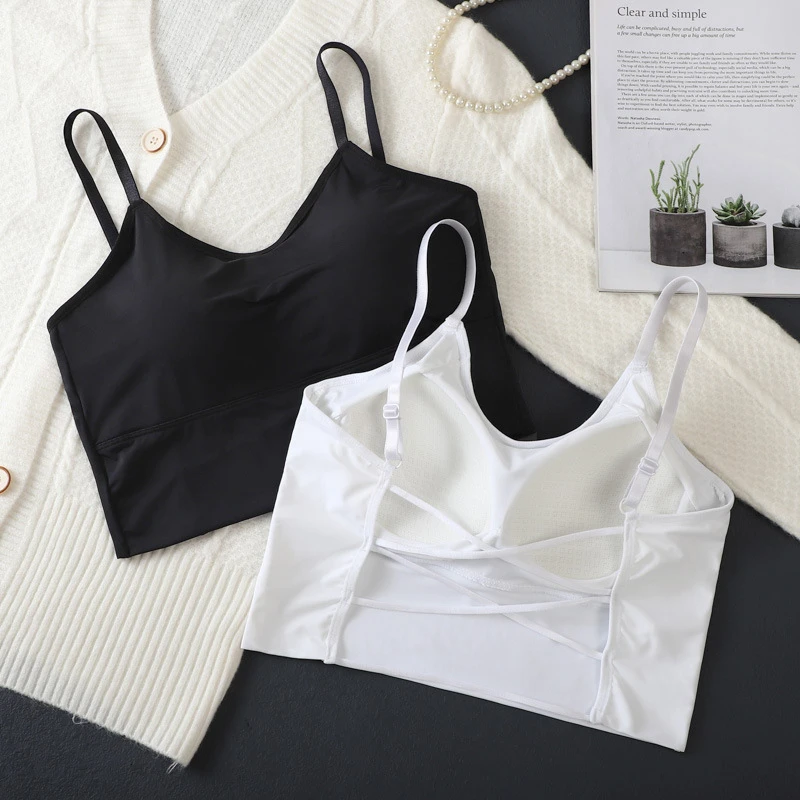 胖MM加肥加大固定杯胸垫冰丝吊带短款内衣性感大露背外穿打底内衣