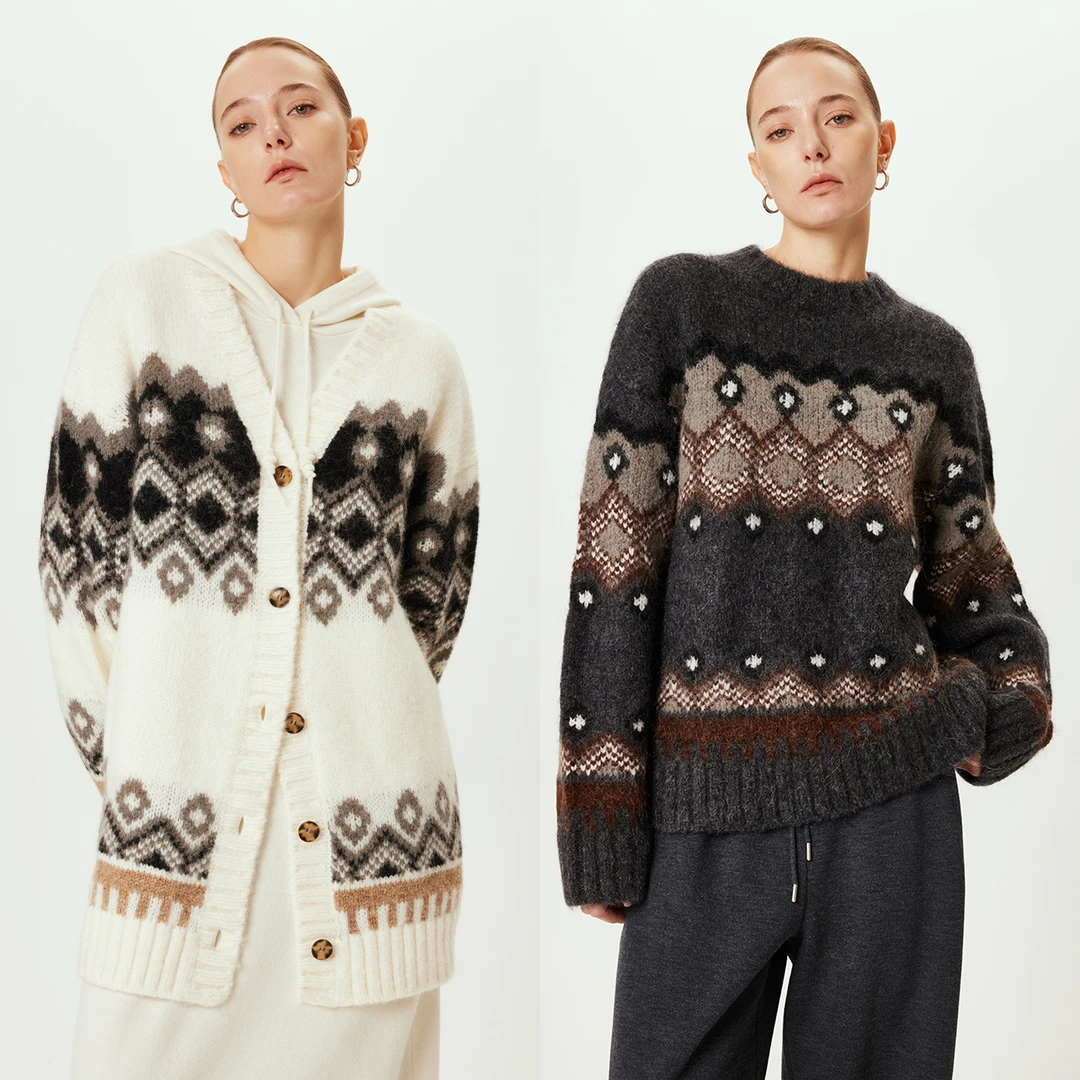 开间/时髦B备费尔岛撞色提花加厚温暖宽松毛衣V领开衫