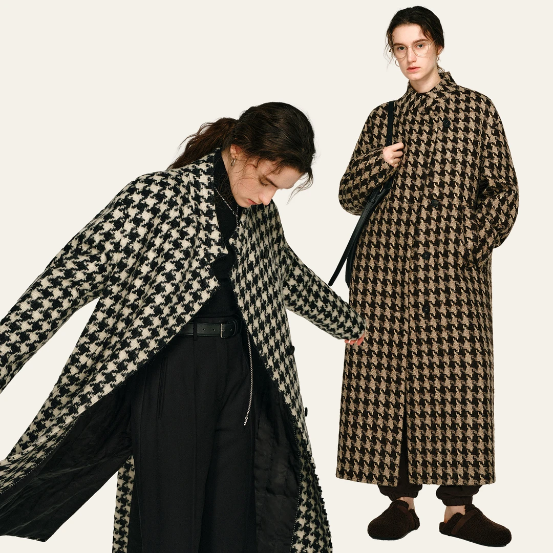 开间黑标/英国MOON马海迷雾大千鸟格 夹层温暖廓形长大衣