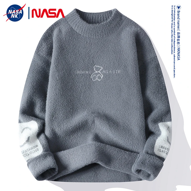 NASA联名男士毛衣秋冬季2023加厚潮牌保暖内搭打底衫加绒毛线衣ZK