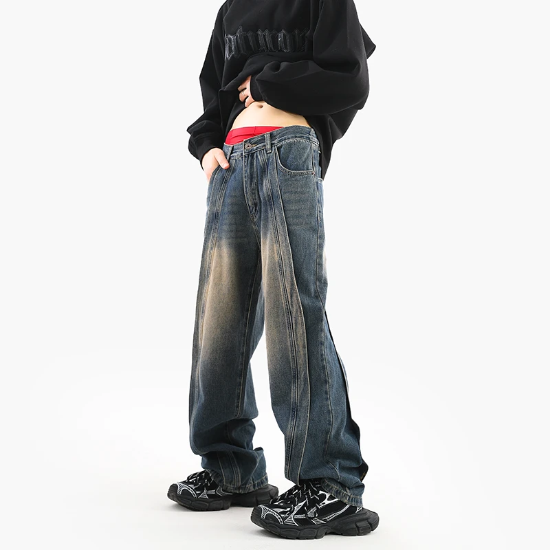 痞帅潮男裤子直筒阔腿休闲拼接大码牛仔裤cleanfit美式网红款