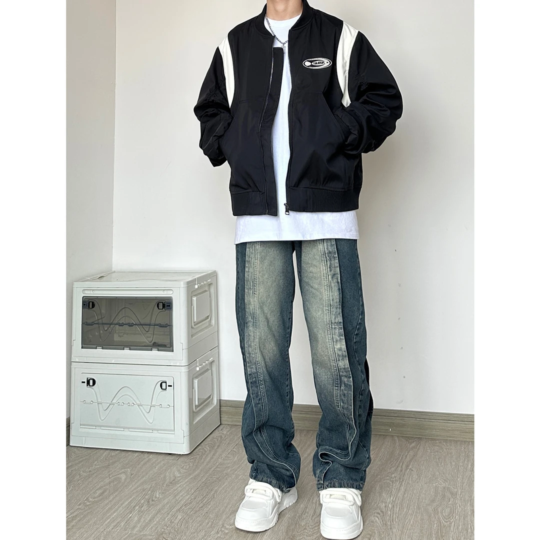 轻奢痞帅男装美式潮流通勤穿搭直筒宽松巴黎世感拼接高街牛仔裤男