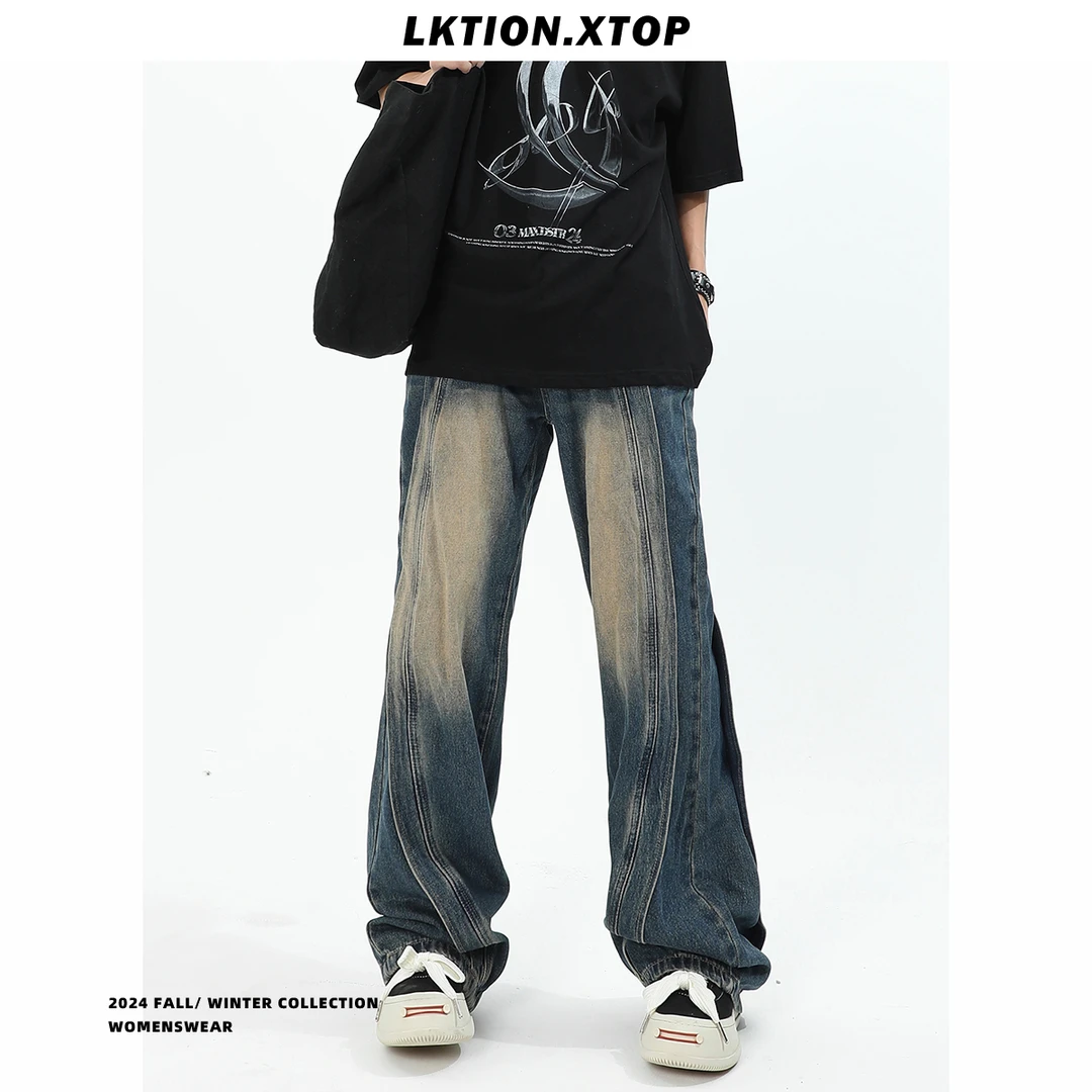 LK新款美式重磅高级感拼接牛仔裤男宽松高街阔腿垂感直筒裤长裤