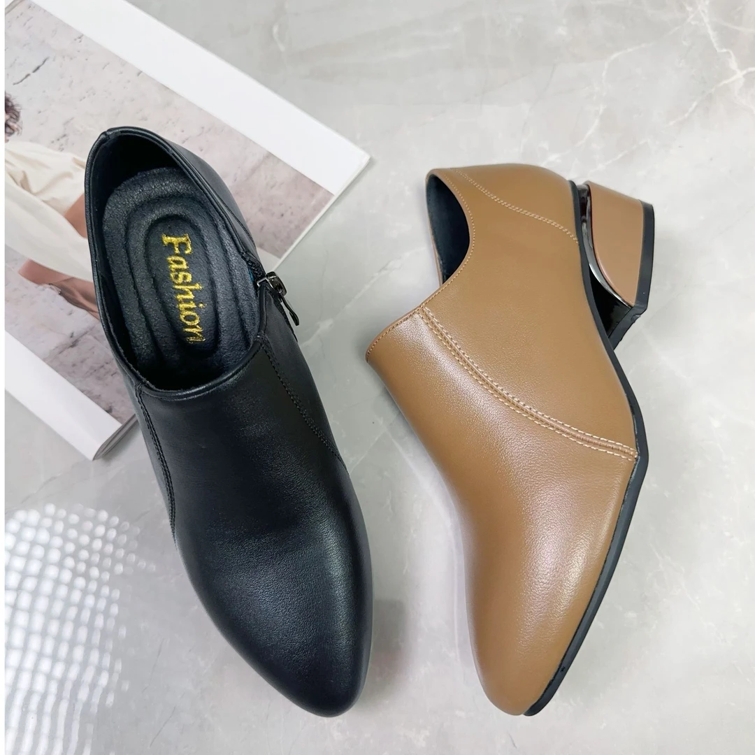 【小潘严选】尖头深口鞋女粗跟2024秋季简约中高跟中年女士皮鞋1751