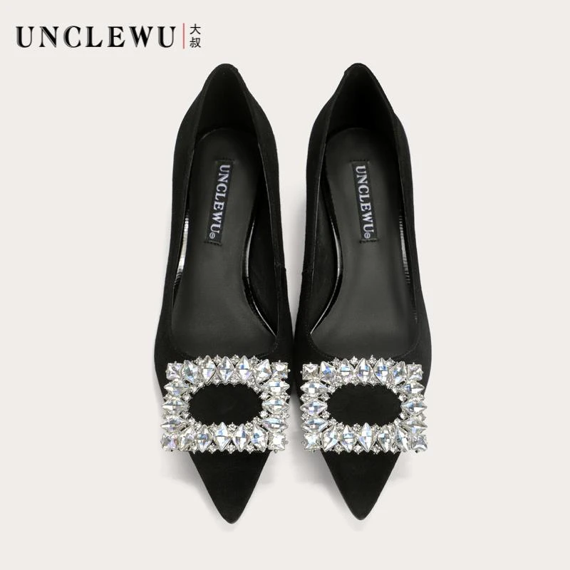 吴大叔春秋浅口高跟鞋方扣真皮时尚全包细跟单鞋黑色小众工作女鞋