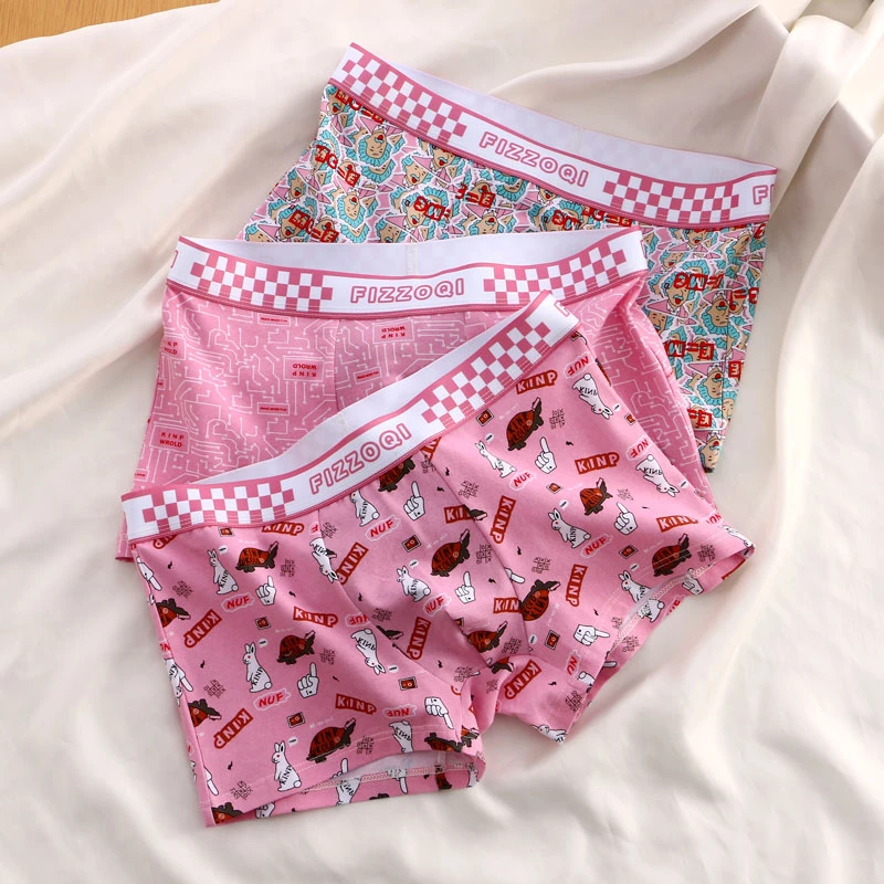 潮牌猛男粉色男士短裤棉质男生平角裤可爱卡通四角情侣送男友内裤