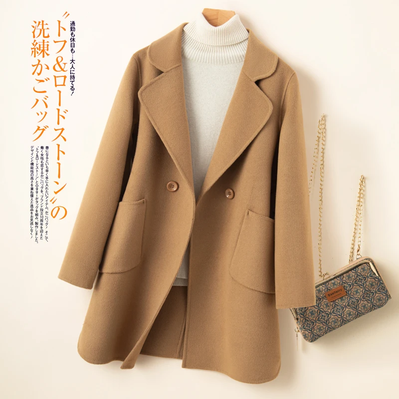 秋冬新款双面羊毛大衣女西装领小个子修身百搭直筒羊绒呢子外套