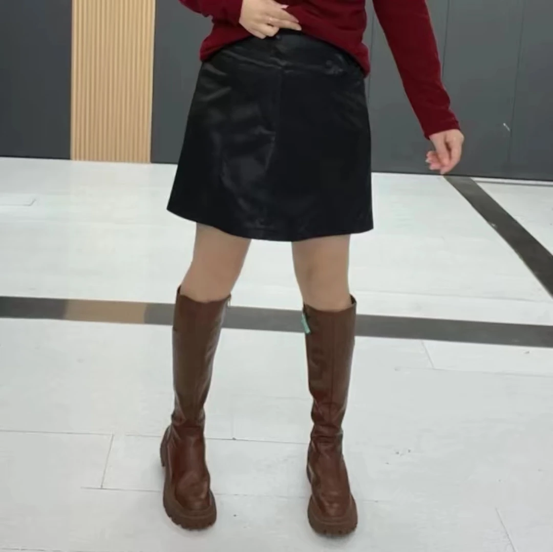 梦梦家6052款静版显瘦百搭水洗皮短裙