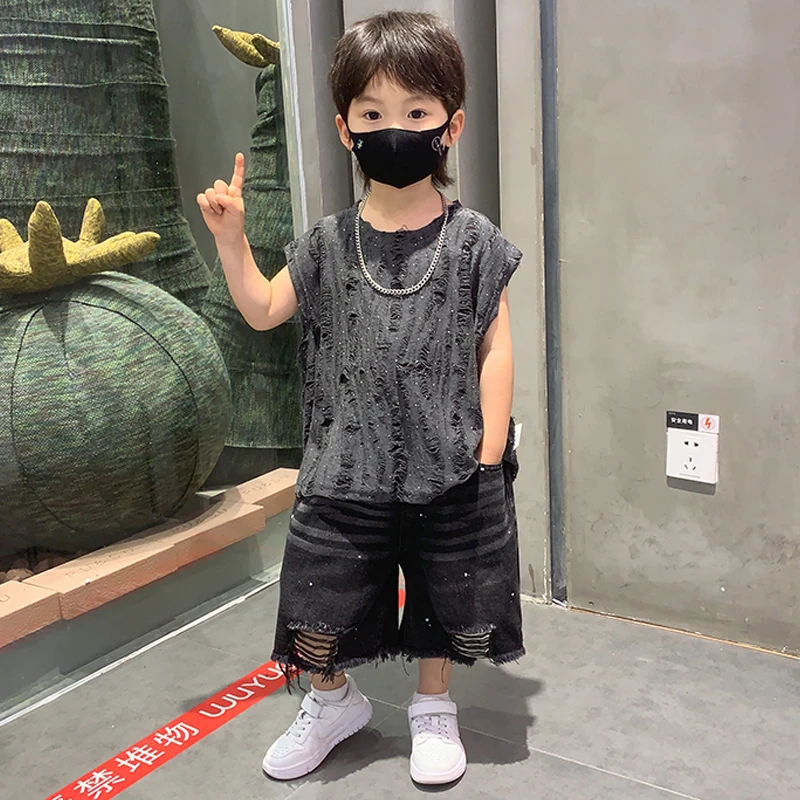男童夏装2025新款洋气儿童背心套装宝宝夏季牛仔短裤男孩无袖衣服