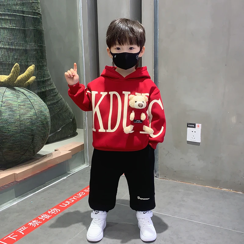 童装男童加绒套装2023新款洋气小熊连帽儿童宝宝秋冬装炸街加厚潮