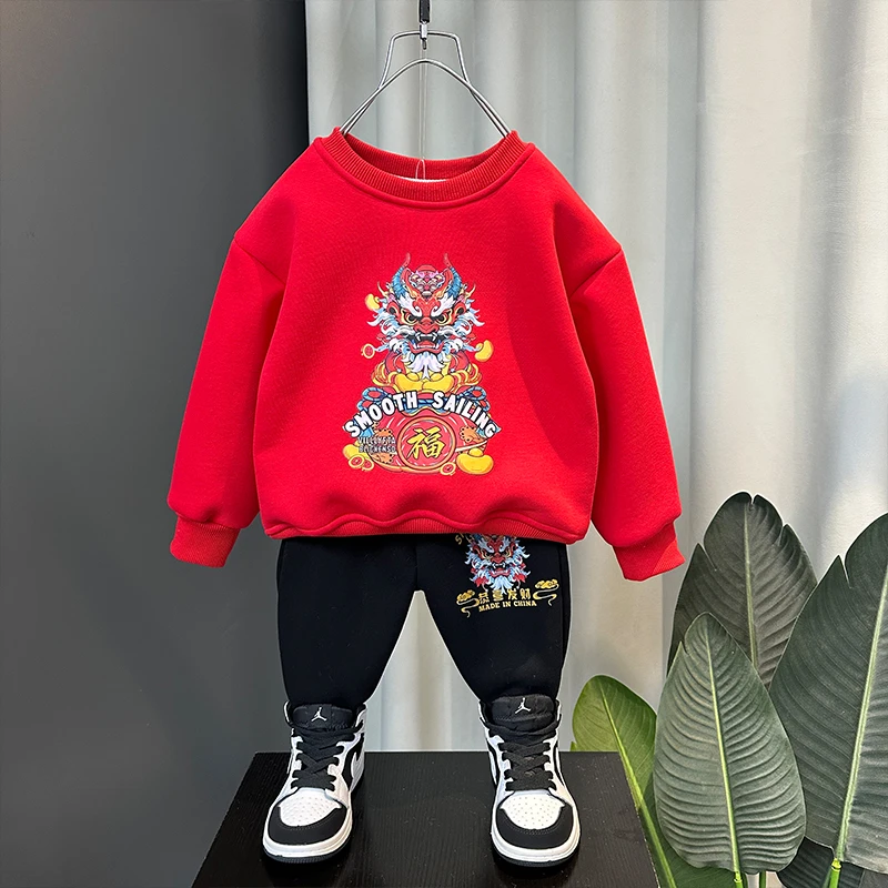 男童拜年服冬季23新款国潮加厚卫衣中国风冬装儿童演出服小童龙年