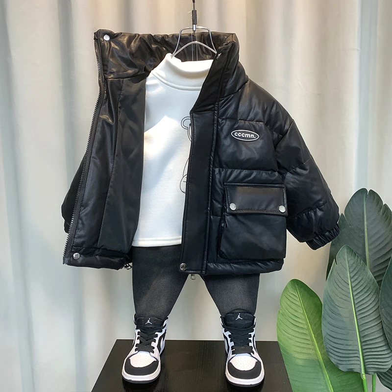 男童羽绒服2023新款帅气皮衣棉服洋气宝宝冬装加厚保暖棉袄儿童装