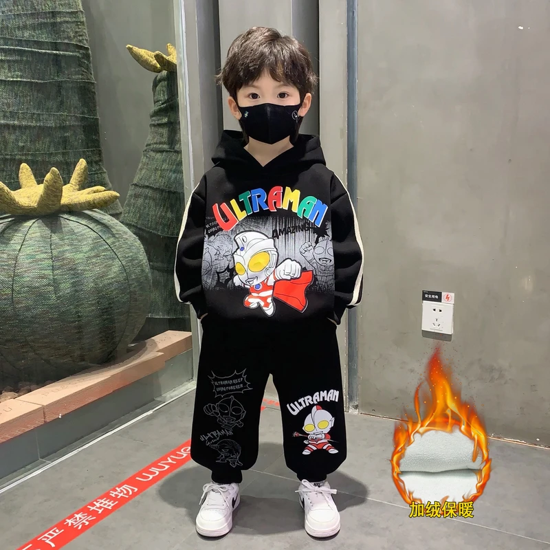 奥特曼衣服男童加绒运动套装网红宝宝洋气冬装儿童加厚卫衣两件套